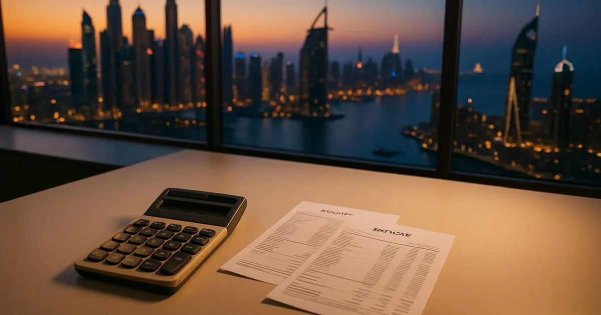 Calculator and price tag on a desk with a blurred Dubai Marina skyline, representing the repricing math for holiday home owners after Airbnb's fee change