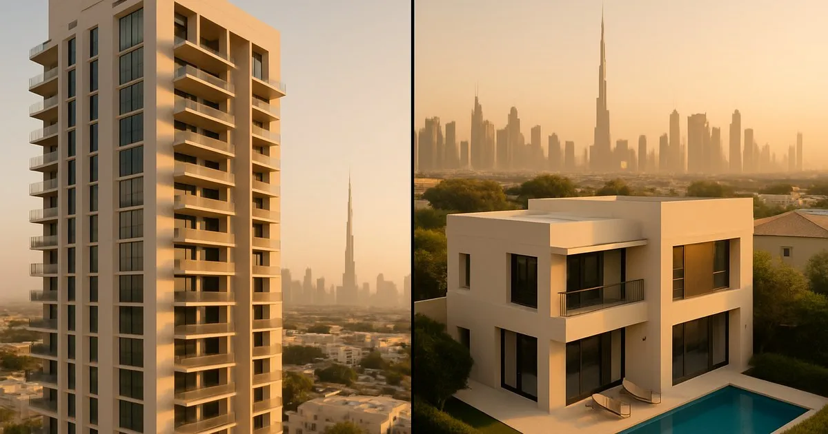 Split-screen aerial view of a modern Dubai apartment tower on the left and a villa with private pool on the right, warm golden-hour lighting with the Dubai skyline in the background
