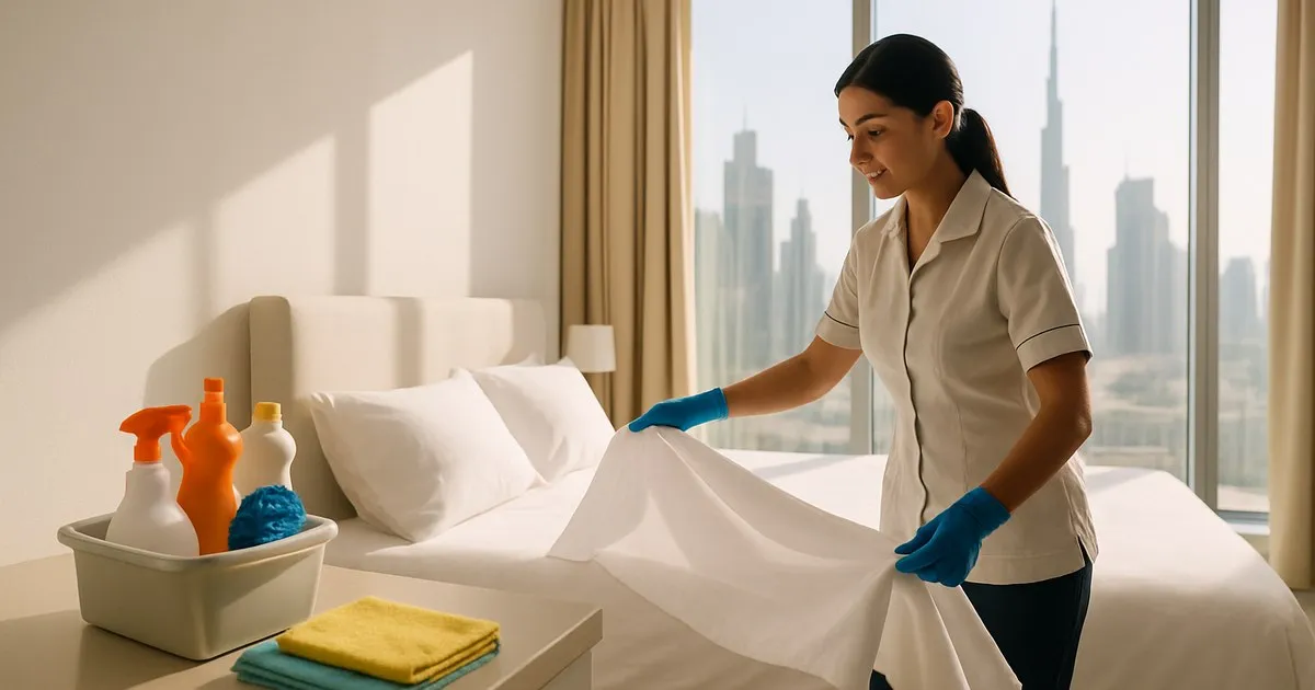 Professional cleaner preparing a bright modern Dubai apartment for the next guest, with fresh linens stacked on the bed and cleaning supplies on the counter