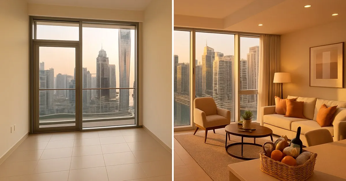 Split view of a Dubai apartment transitioning from an unfurnished long-term rental on the left to a styled guest-ready holiday home interior on the right