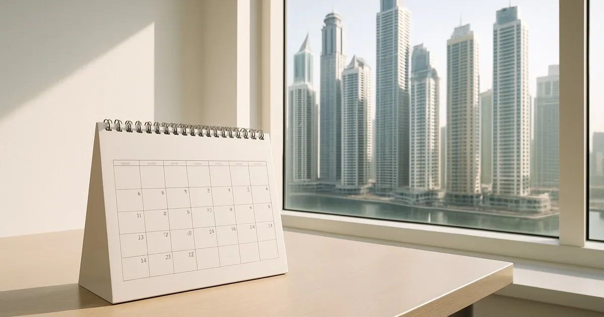 Wall calendar open to a monthly spread on a desk with a blurred Dubai Marina tower in the background, representing the 30-night math for monthly stays from a holiday home