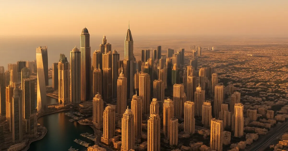 Aerial view of Dubai showing Marina towers and mid-rise JVC buildings at golden hour, representing neighborhood comparison for short-term rental investment