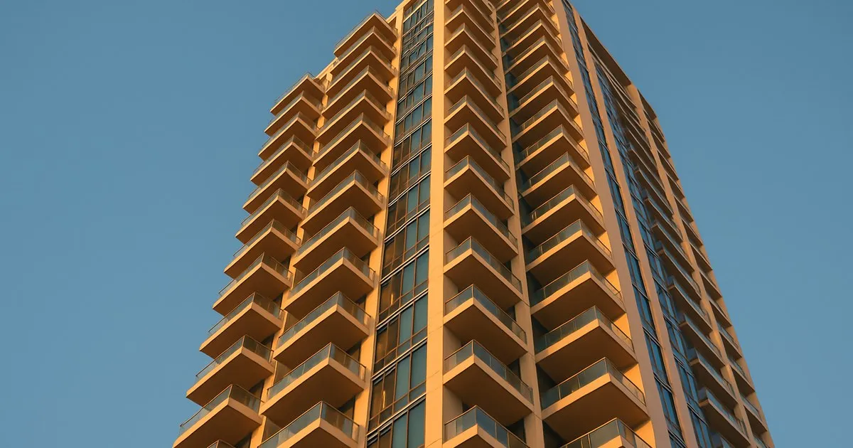Close-up of a modern Dubai apartment tower facade with geometric balconies, representing the building quality and safety certification process under Law No. 3 of 2026