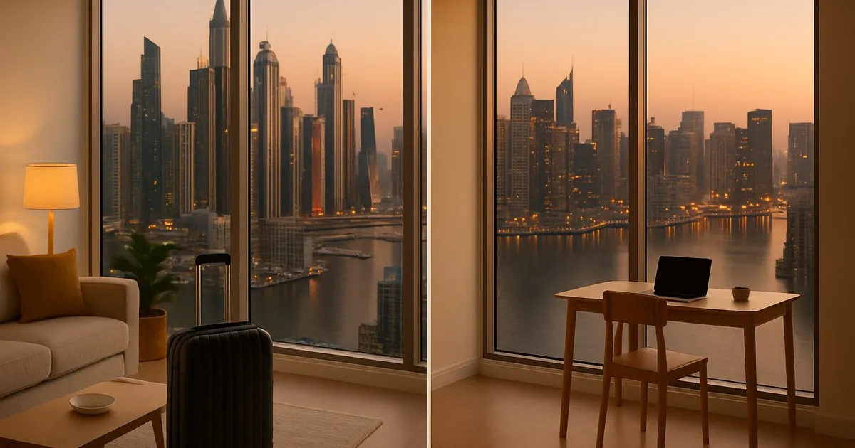 A forest path that splits into two divergent routes, symbolizing the binary operating-model decision facing every Dubai apartment owner: short-term rental or long-term rental