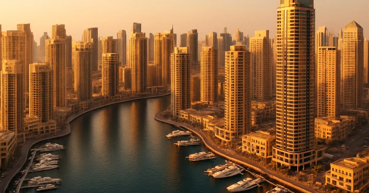 Dubai Marina skyline at sunset with golden light reflecting off towers, representing the seasonal pricing decisions facing short-term rental operators