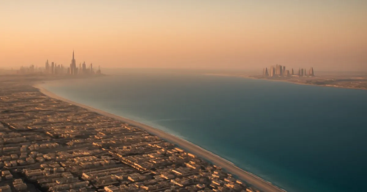 Aerial view of the UAE coastline at golden hour showing two distinct urban skyline clusters, representing multi-emirate short-term rental operations across Dubai and Abu Dhabi