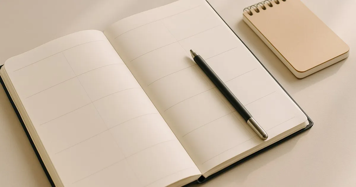 An open desk planner with a pen resting across the pages beside a spiral notebook on a clean desk, representing a quarterly review of UAE holiday home regulation changes