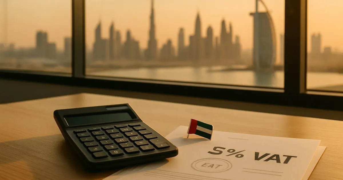 Close-up of a UAE Federal Tax Authority tax return form beside a calculator and coffee cup, representing VAT filing obligations for Dubai short-term rental operators